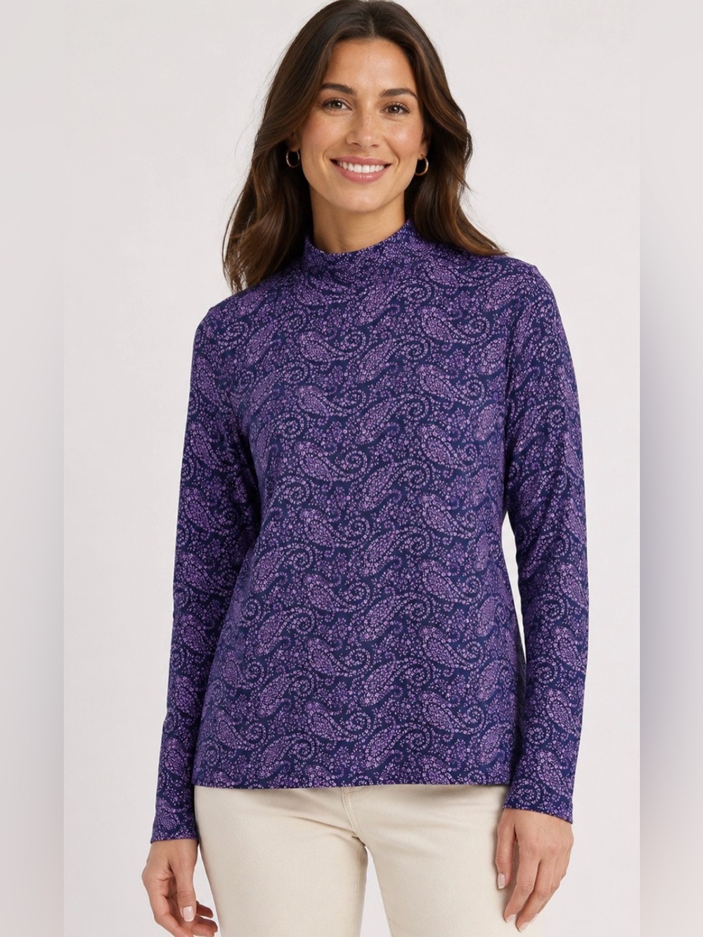 Lands’ End Relaxed Fit Mock Neck Top Women’s M Purple Paisley Print